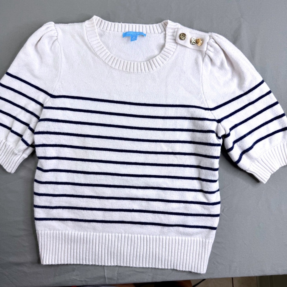 Draper James RSVP White Navy Stripe Puff Sleeve Gold Button Sweater Womens M